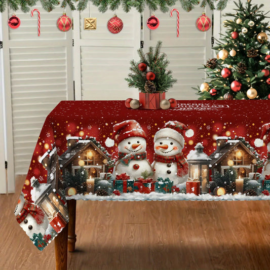 1pc Christmas Snowman Tablecloth with Snowflake & Snow Farm Design - Winter Themed Rectangular ' Table, Fabric Suitable for Indoor/Outdoor Holiday Dining, Farmhouse Decorations