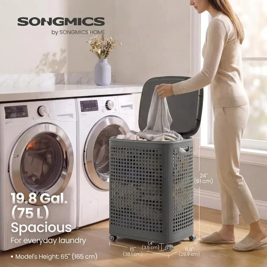 Laundry Hamper With Wheels, Plastic Laundry Basket, 19.8 Gallons (75 L), Slim Storage Basket, For Bathroom, Bedroom