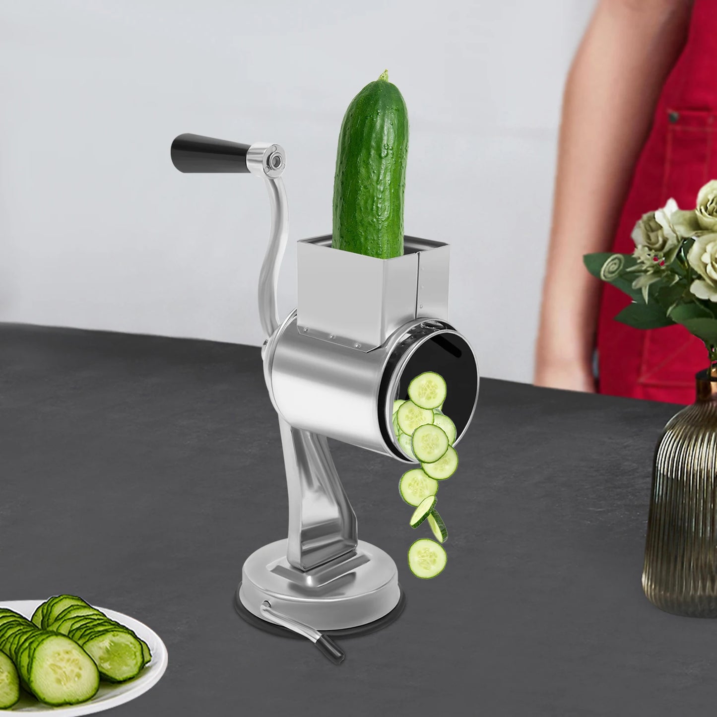 Rotary Grater, Stainless Steel Slicer with 5 Blades & Suction Cup Base