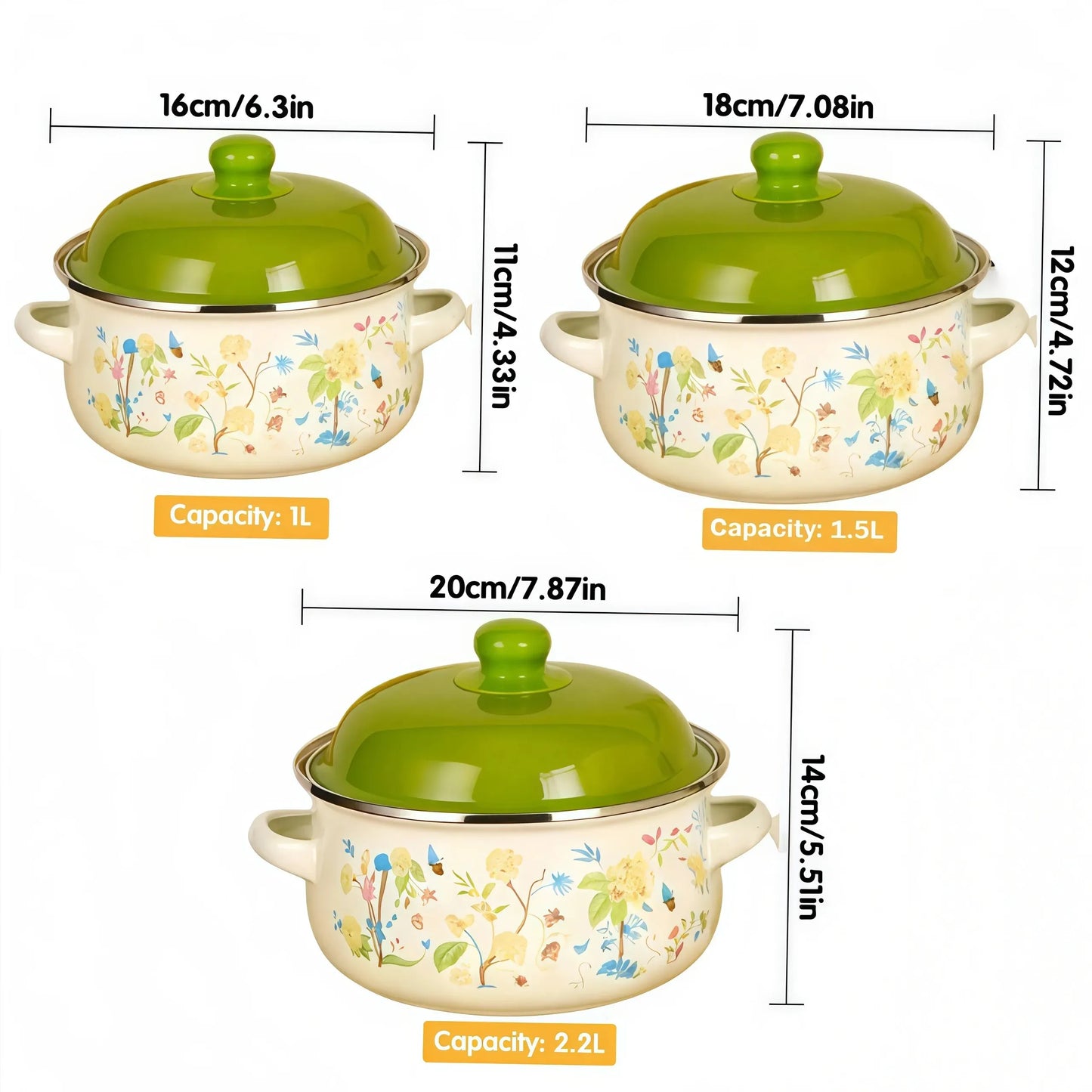 3Pcs Vintage Enamel Stock Pot Set with Lid,34oz/51oz/68oz Retro Flower