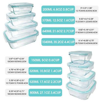 16Pcs Airtight Glass Food Storage Containers Set (8 Bowls & 8 Lids) Leakproof Meal Prep, Microwave Oven Safe, Kitchen Accessories Refrigerator Organizer for Salad Bento