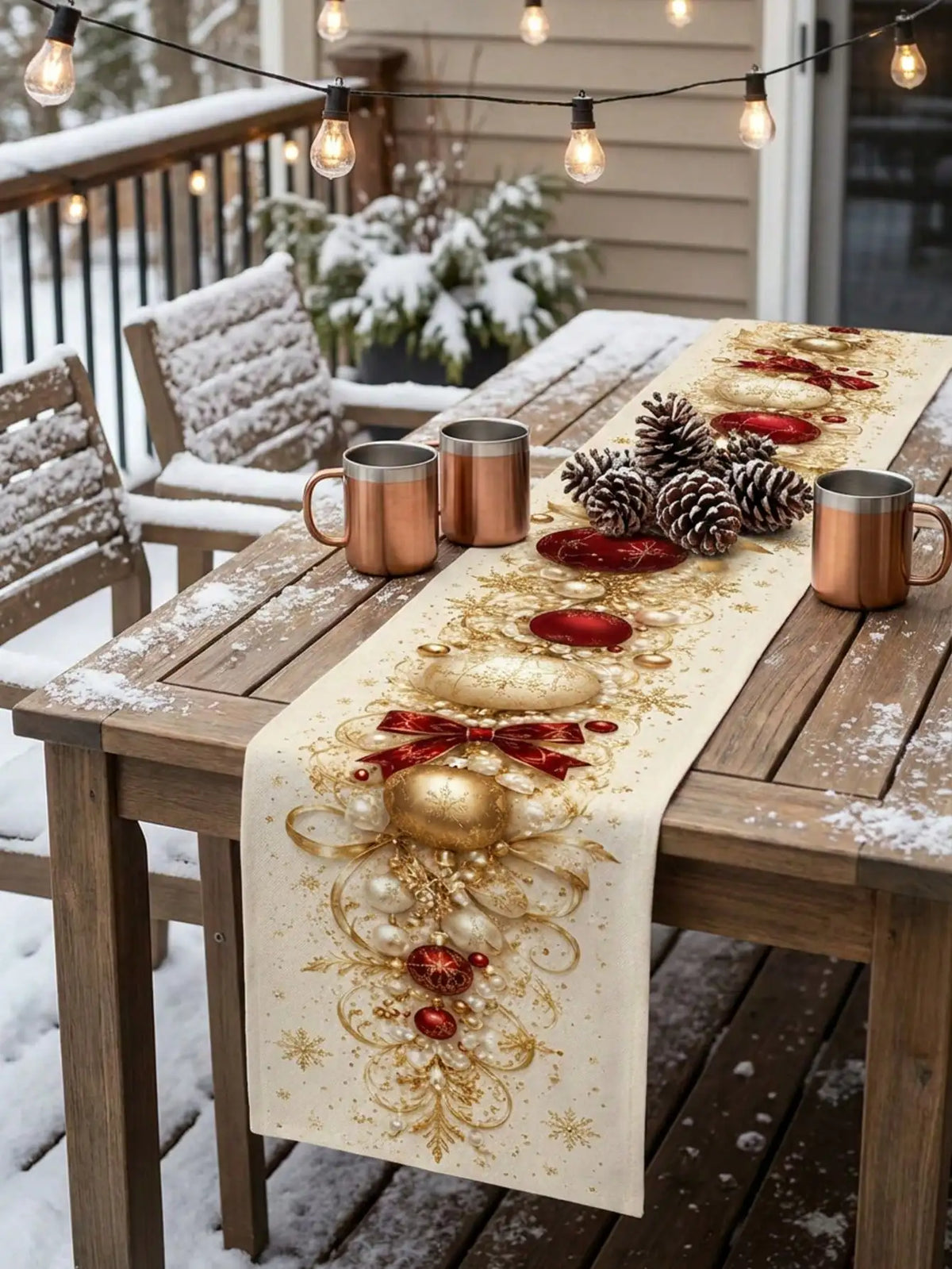 1pc Christmas Gold & Red Bow & Christmas Ball Print Table Runner, Cream White Linen-Feel Dining Table Cloth With Snowflake & Pearl Decorative Pattern