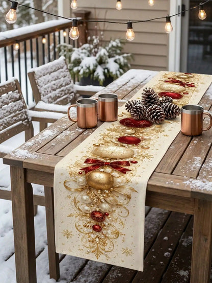 1pc Christmas Gold & Red Bow & Christmas Ball Print Table Runner, Cream White Linen-Feel Dining Table Cloth With Snowflake & Pearl Decorative Pattern