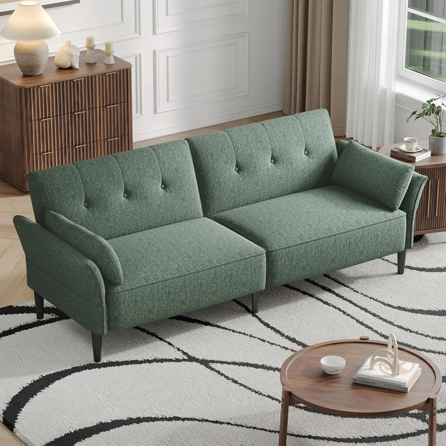 89” Convertible Futon Sofa Bed with 2 Square Pillows and Adjustable Backrest