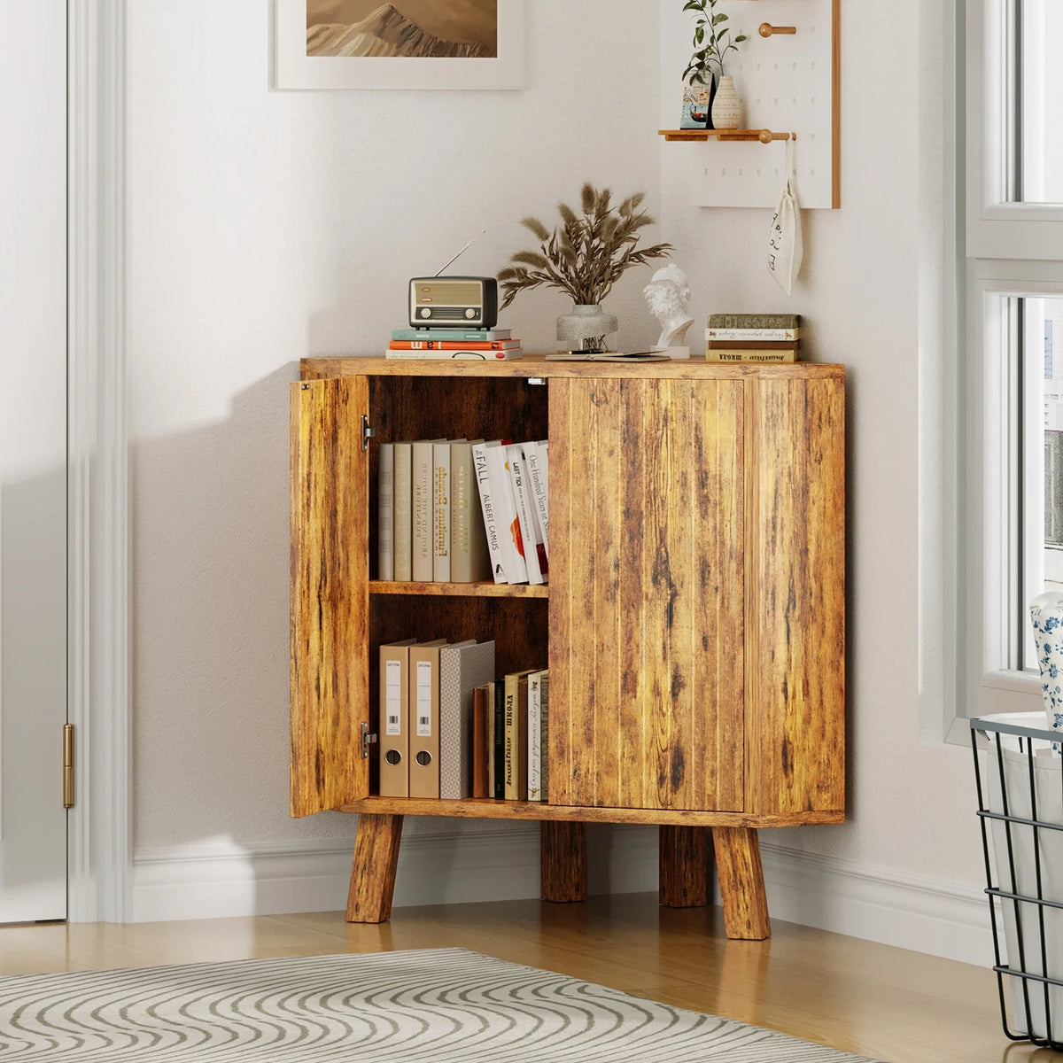 Farmhouse Corner Storage Cabinet with Adjustable Shelf, Industrial Wooden Corner Table