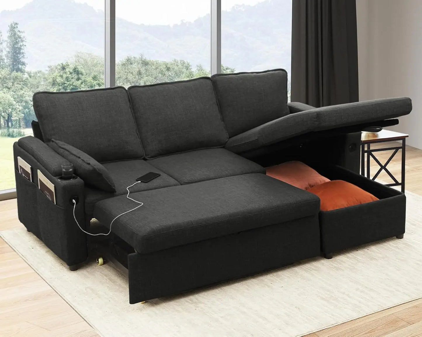 Sofa Bed Sleeper w/Pull Out and Storage,USB, Cup Holder