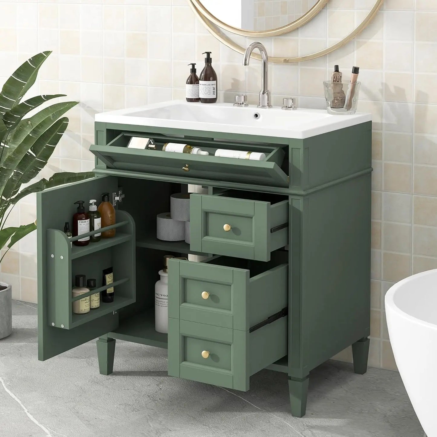 30" Bathroom Vanity with Sink, Modern Single Door, 2 Tip-Out Drawers