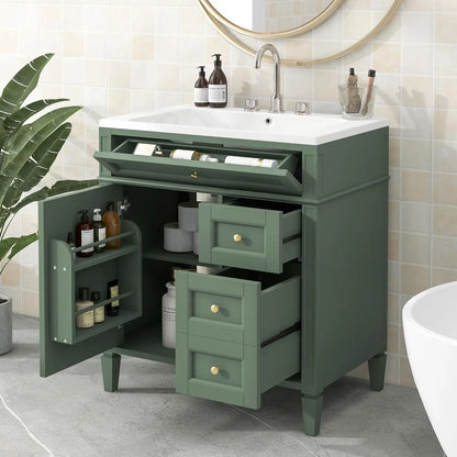 30" Bathroom Vanity with Sink, Modern Single Door, 2 Tip-Out Drawers