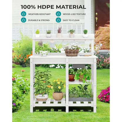 Portable Outdoor Garden Workbench with Detachable Sink, Weather-Resistant HDPE Table- White
