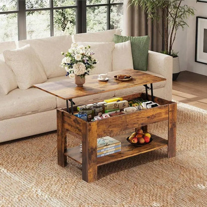 39 Inch Lift Top Coffee Table With Hidden Storage Compartment & Open Shelf, Rustic Wood Coffee Table With Storage