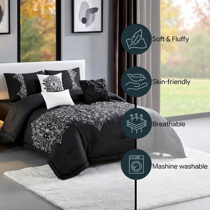 6 Pcs Embroidery Bed Comforter Set, Luxury Bedding Set in a Bag