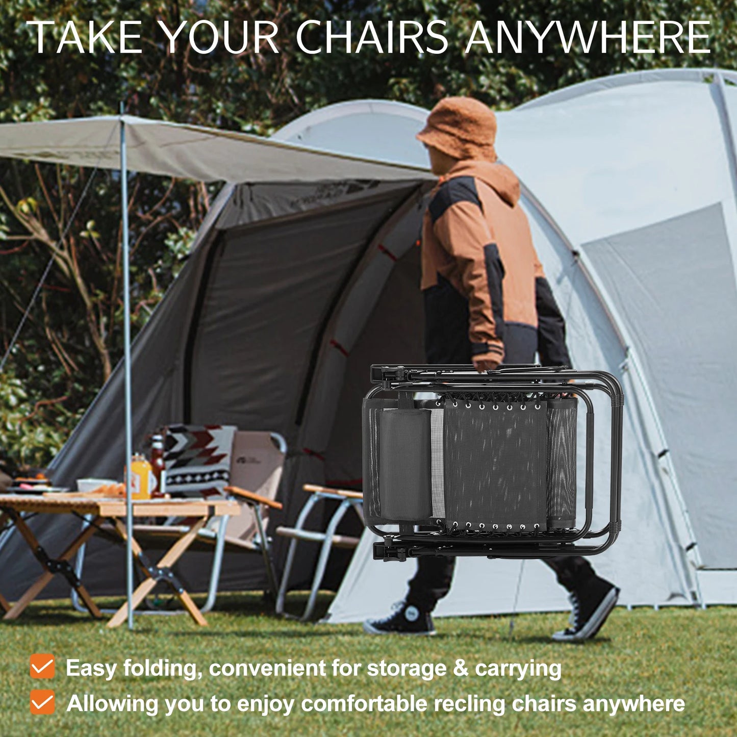 Zero Gravity Set of 2 Portable Recliner Lounge Chair with Cup Holder , Adjustable Trays and Pillow