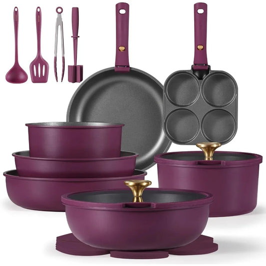 21pcs Pots and Pans Set, Nonstick Cookware with Detachable Handle, Induction Kitchen Cookware