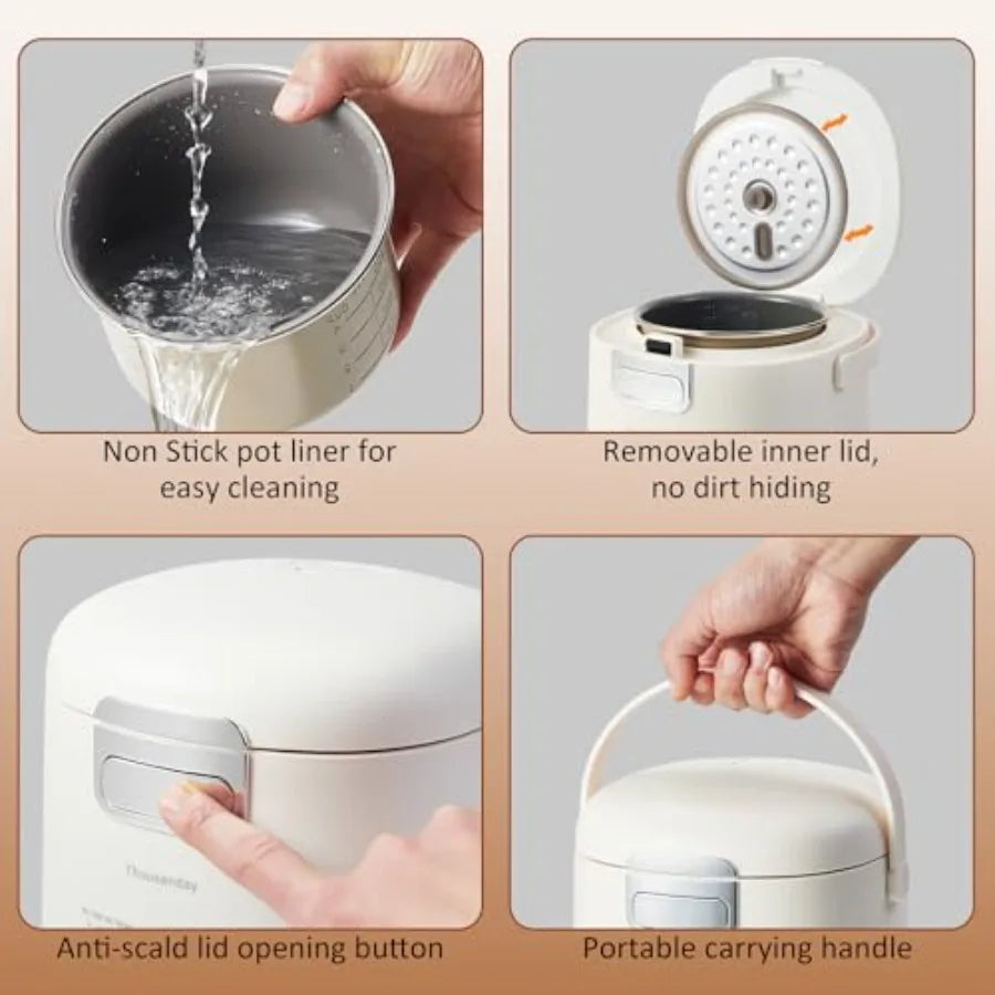 Mini Rice Cooker, 2 Cup Uncooked 4 Cup Cooked, Portable Non-stick for Dorm Office 1-2 Person