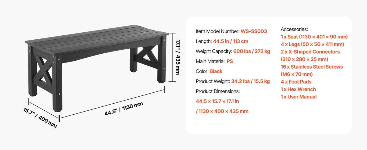 Outdoor Garden Bench, 480 lbs Load Capacity