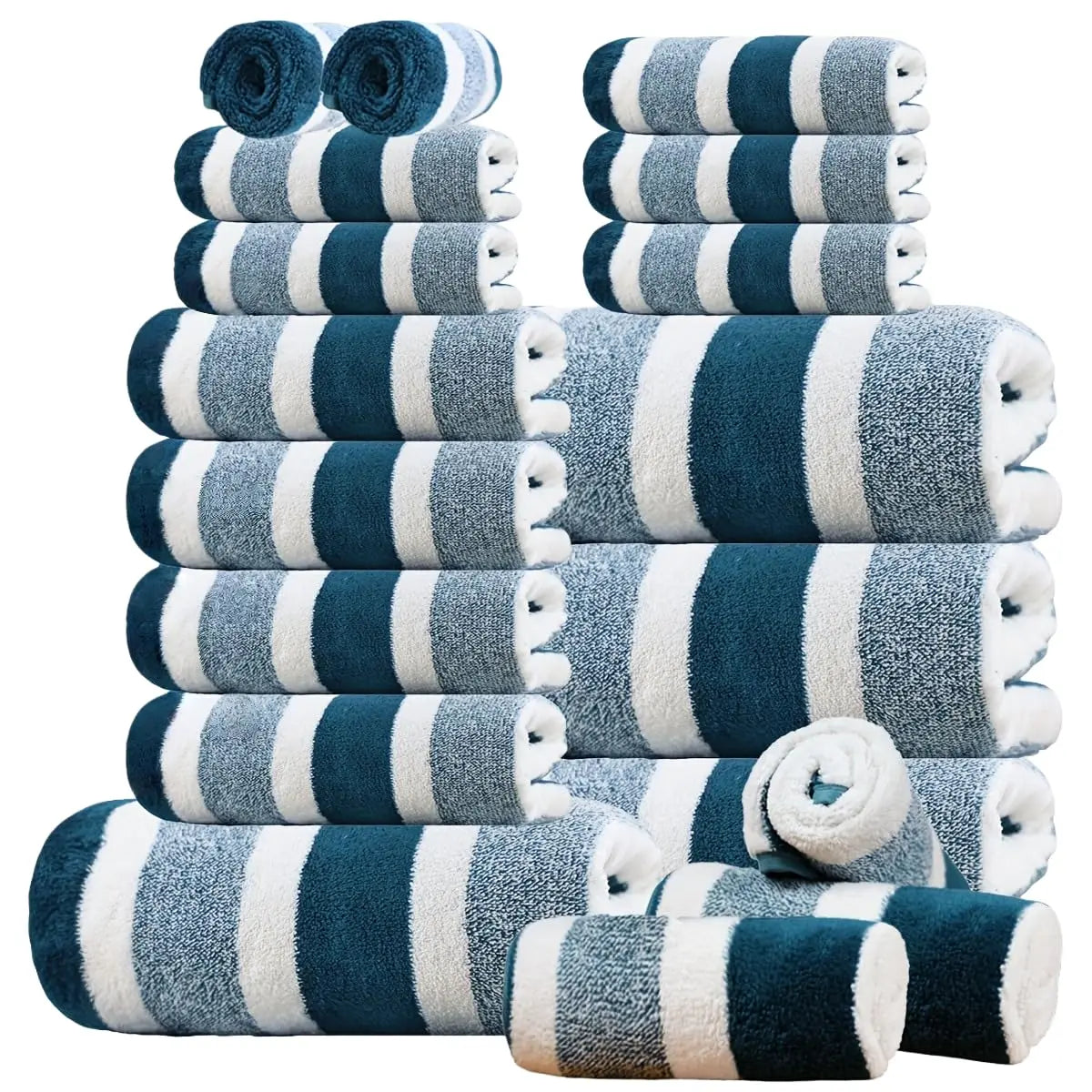 18pcs Luxury Bath Towels Set - Quick-Dry Highly Absorbent Plush Soft Coral Fleece-like Texture, Multi-Size Family Bathroom Towels with Hanging Loops (30x30cm, 70x140cm) for Home, Hotel & Spa - Navy & Striped Design