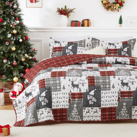 Reversible Christmas Quilt Set, 3-Piece Holiday Bedding With Floral Print, Farmhouse Boho Soft Microfiber Coverlet For Queen King Bed