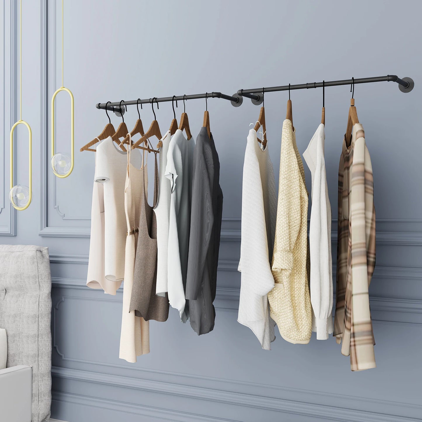 Pack Of 2 Industrial Pipe Hanging Rail Rod, Wall-mounted Iron Closet Organizer