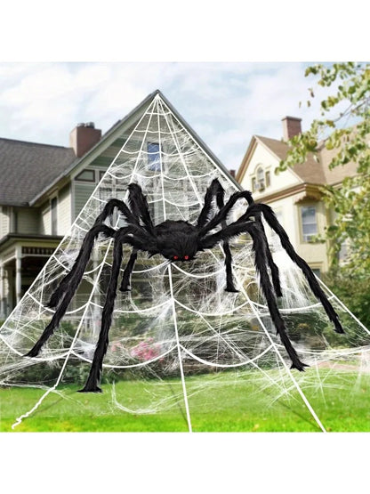 Halloween Decoration Outdoor 59'' Giant Spider with 400 sqft Spider Web, Outside Decor, Stretchy Triangular Spiderweb 23 x 18 ft for Yard, Haunted House, Photobooth Props