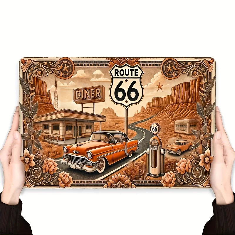 Vintage Route 66 Metal Sign - with Classic Cars, Diner,Scenic Desert Landscape