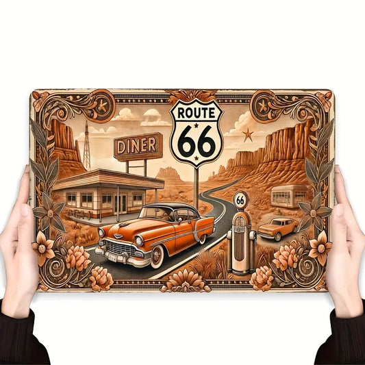 Vintage Route 66 Metal Sign - with Classic Cars, Diner,Scenic Desert Landscape