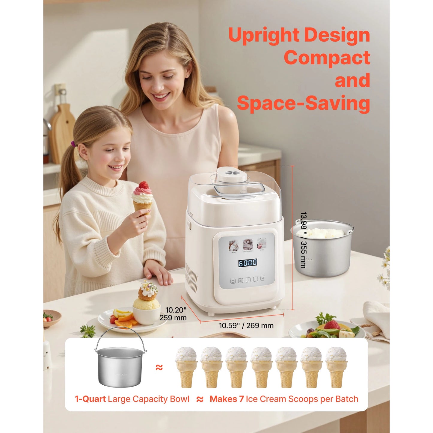 Upright Automatic Ice Cream Maker with Built-in Compressor, 1 Quart No Pre-freezing, Gelato,  Frozen Yogurt
