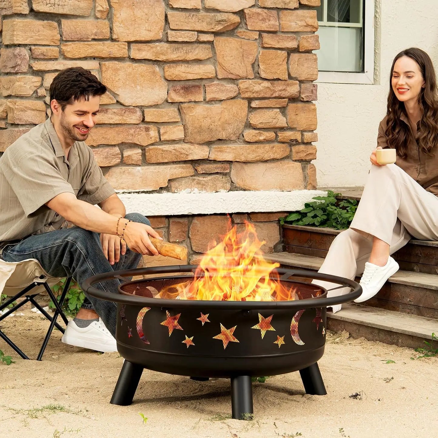 32 Inch Round Fire Pit with Mesh Cover, with Star and Moon Design