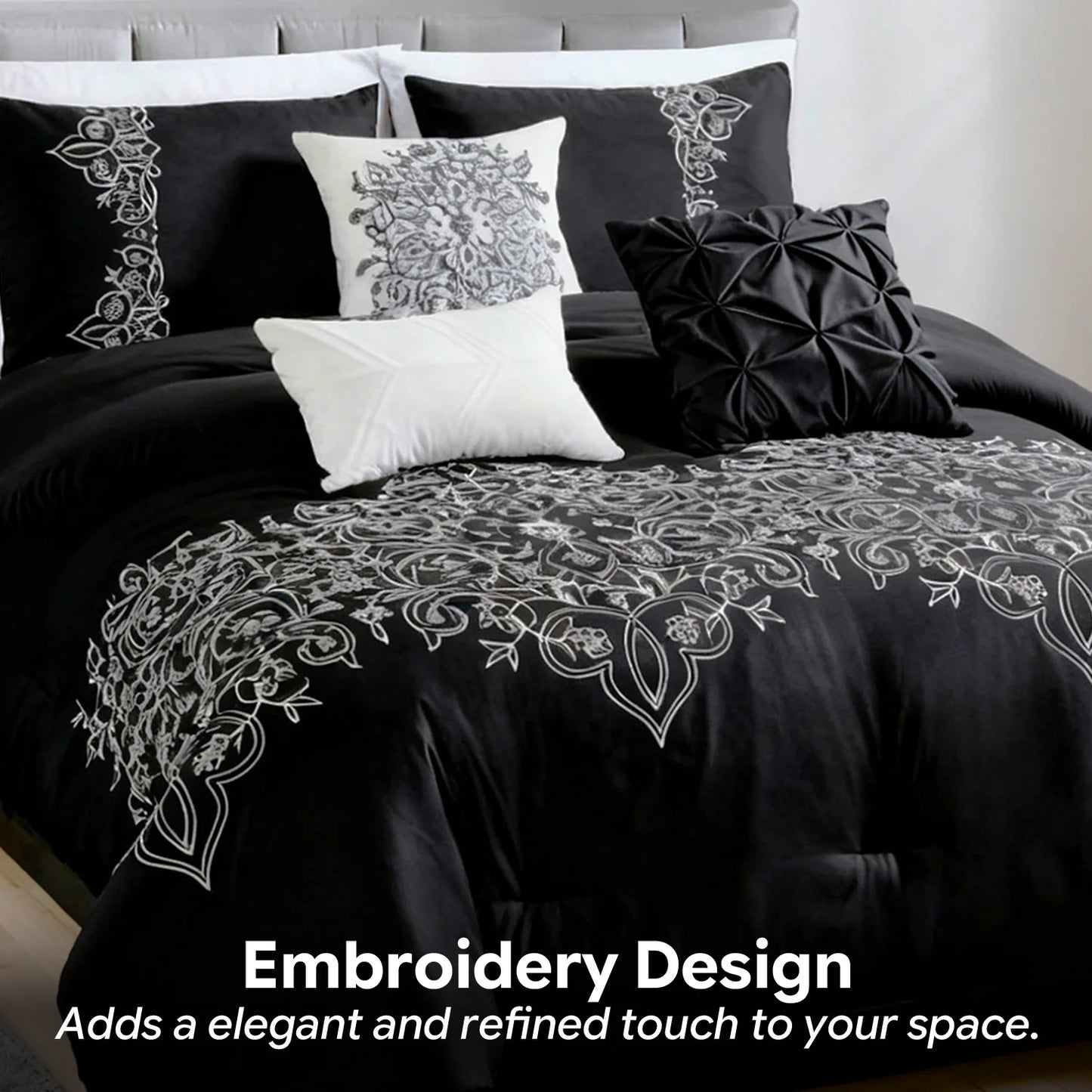 6 Pcs Embroidery Bed Comforter Set, Luxury Bedding Set in a Bag