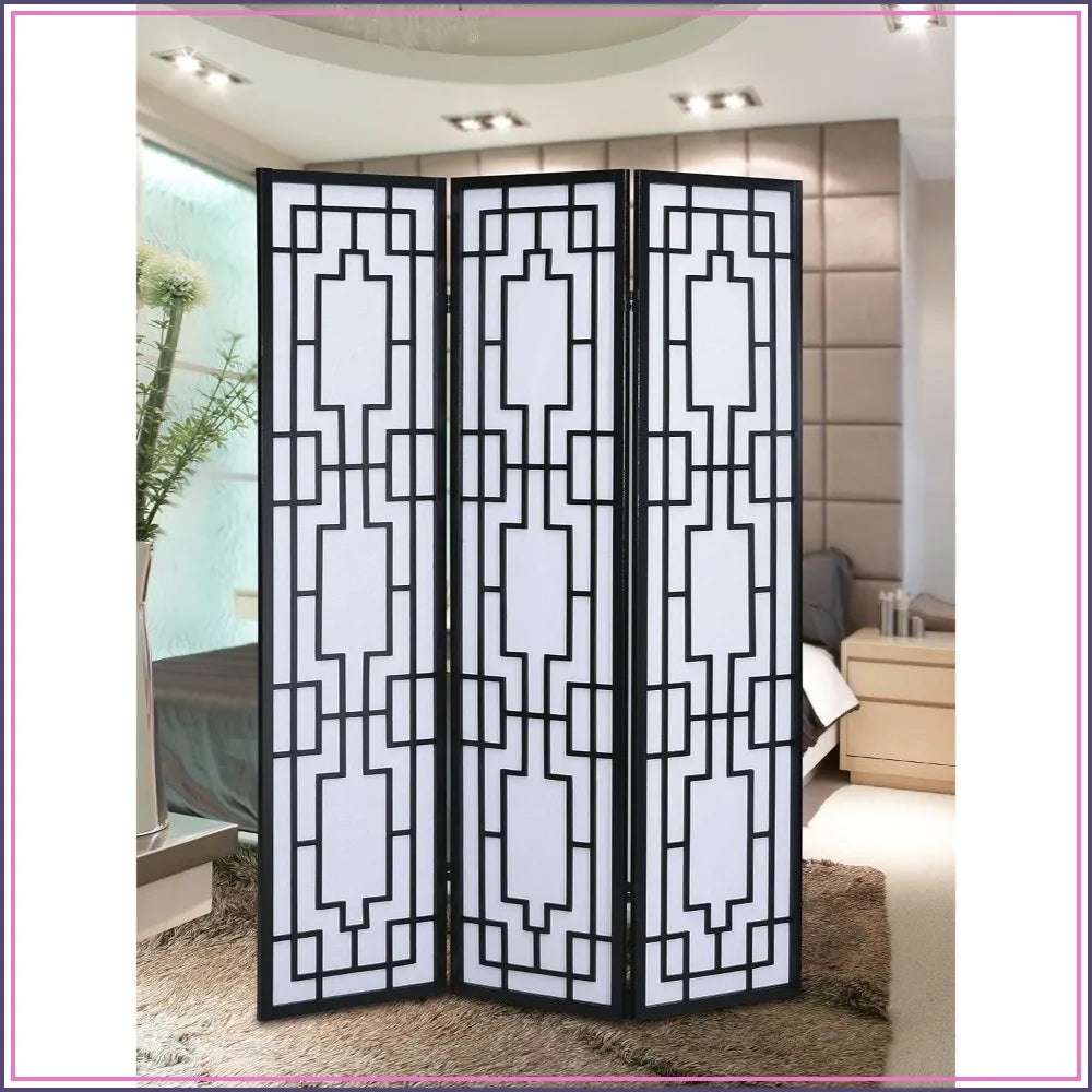 3 Panel Room Divider, Black, Solid Pine Wood, Geometric Lattice Design