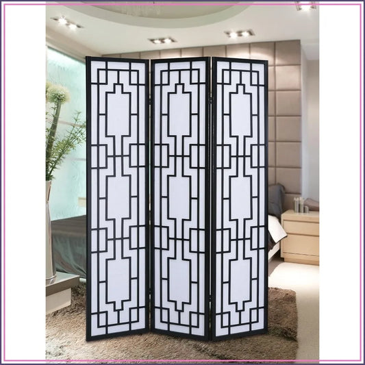 3 Panel Room Divider, Black, Solid Pine Wood, Geometric Lattice Design