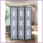 3 Panel Room Divider, Black, Solid Pine Wood, Geometric Lattice Design