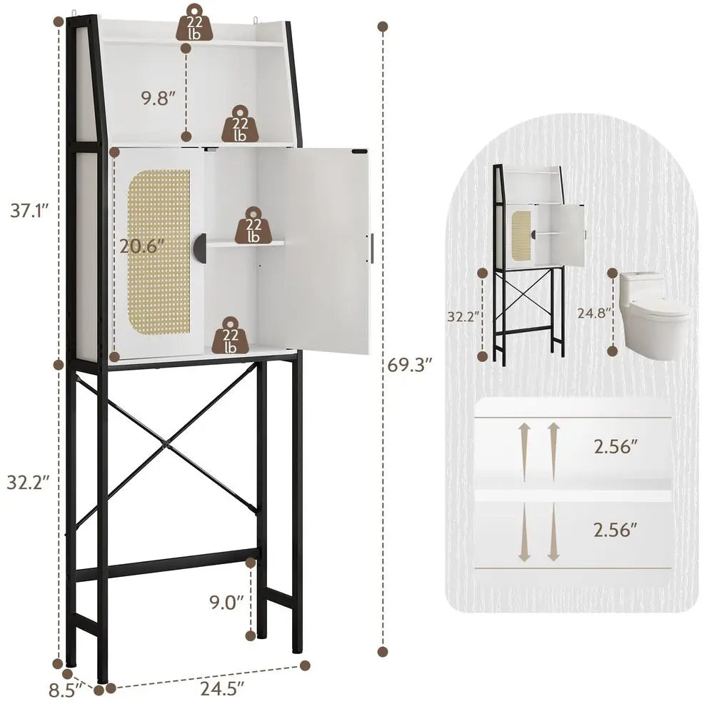 Over The Toilet Storage Cabinet with Rattan Doors, Adjustable Shelf, Metal Frame