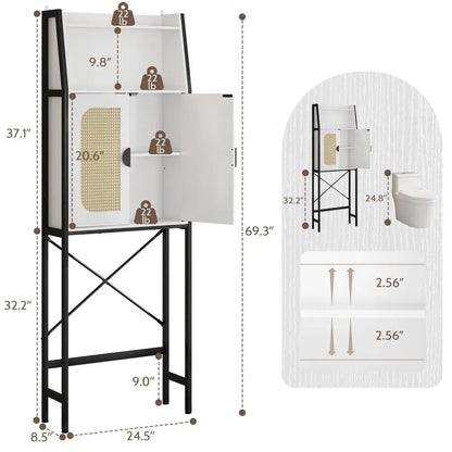 Over The Toilet Storage Cabinet with Rattan Doors, Adjustable Shelf, Metal Frame