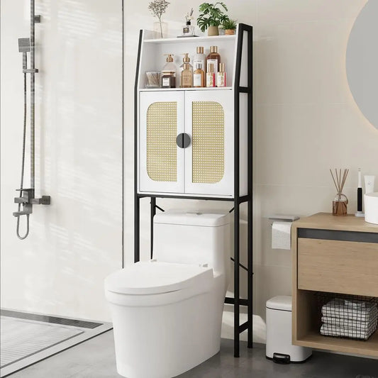 Over The Toilet Storage Cabinet with Rattan Doors, Adjustable Shelf, Metal Frame