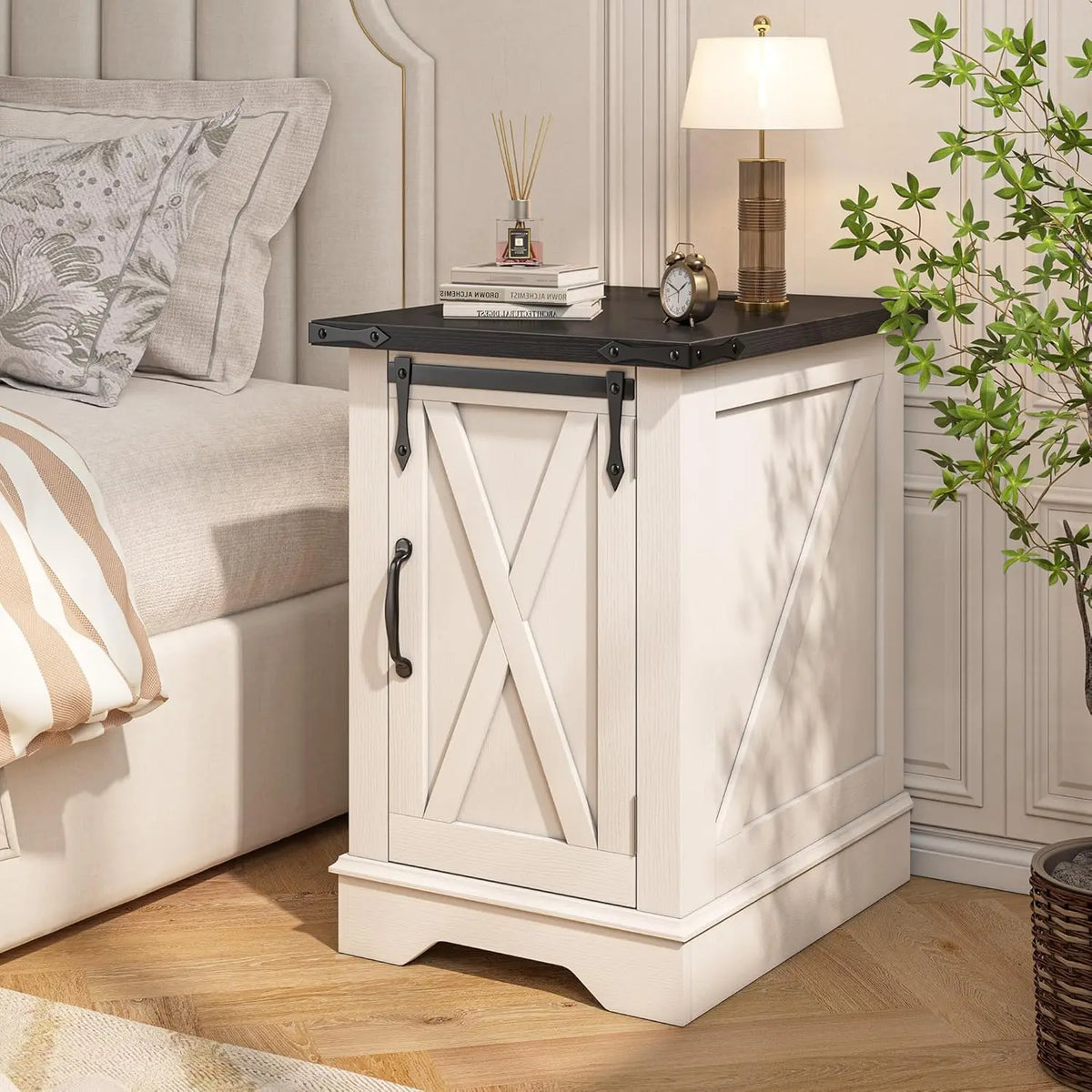 Farmhouse Nightstand, charging Outlet, Rustic White, USB Ports, Deep Drawer Storage, Adjustable shelf, Wide Tabletop