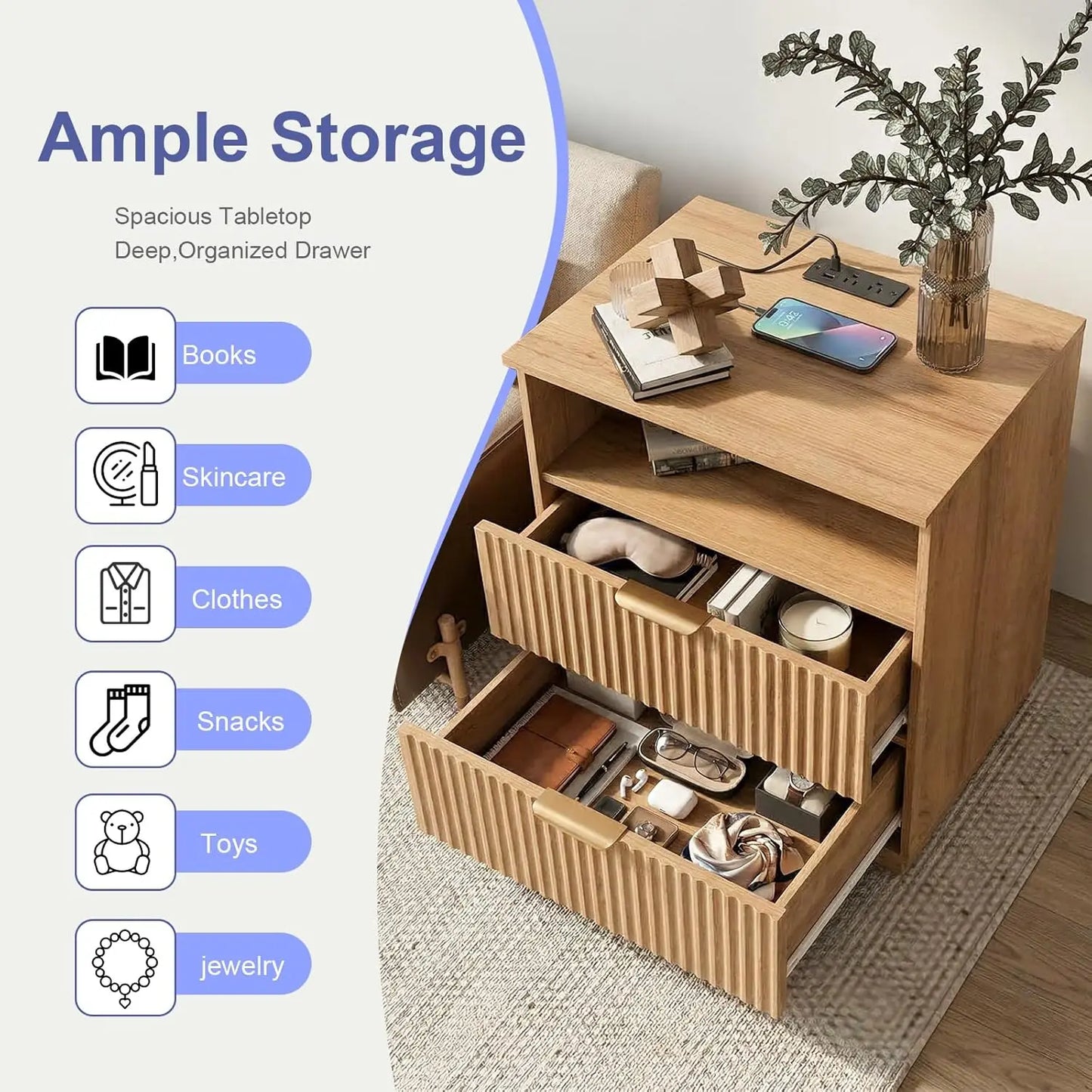 Nightstand with Charging Station, Fluted Bedside Table with 2 Storage Drawers & Open Shelf
