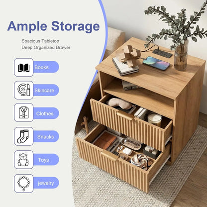 Nightstand with Charging Station, Fluted Bedside Table with 2 Storage Drawers & Open Shelf