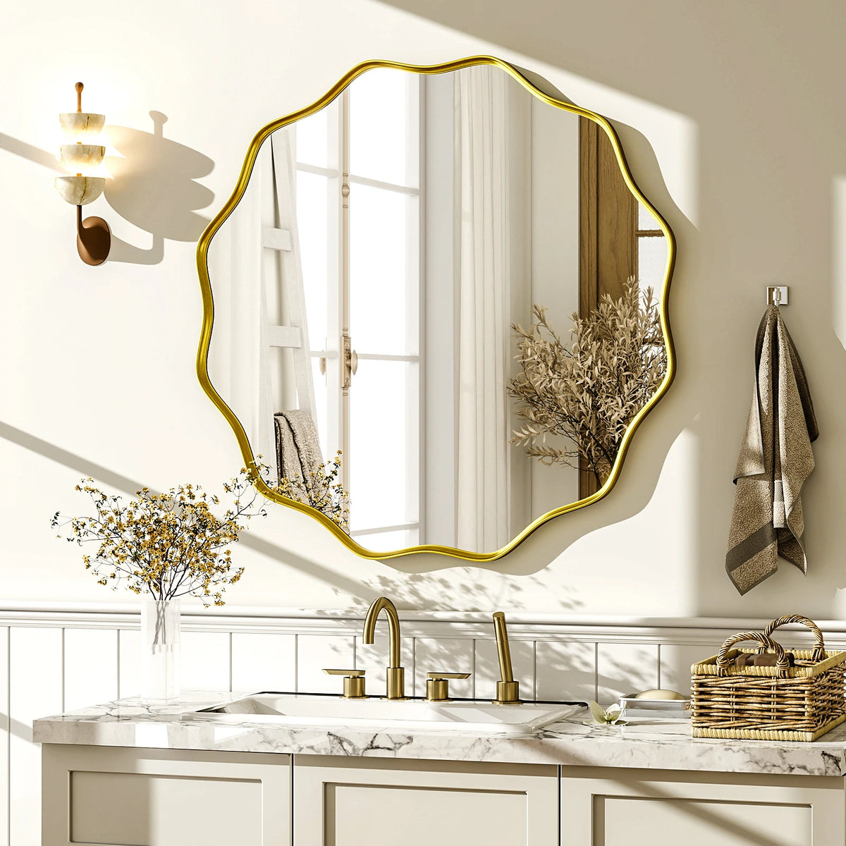 Decorative Wavy Round Bathroom Mirror with Deep Frame