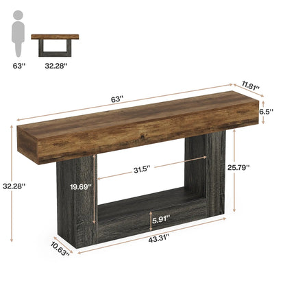 63" Console Table, Farmhouse 2-Tier Entryway Table with U-Shaped Base, Narrow Long Wood Sofa Table, Behind Couch Table