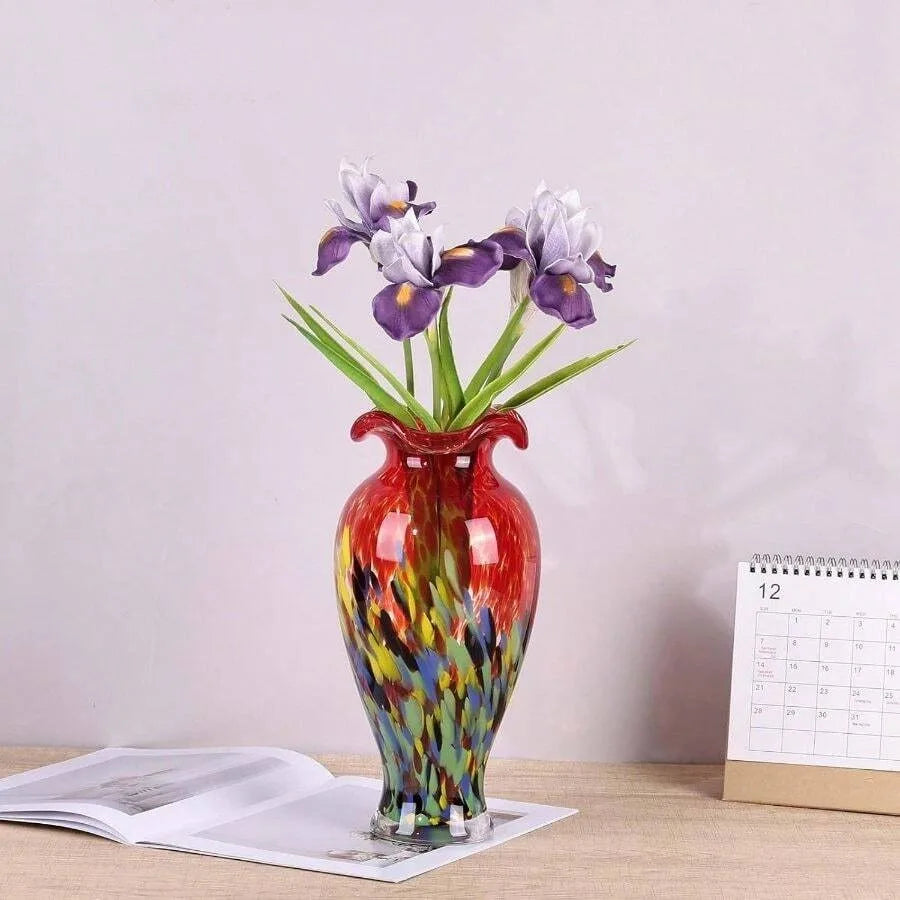 12.2H Murano Hand Blown Glass Vase, Ruffled Scalloped Rim
