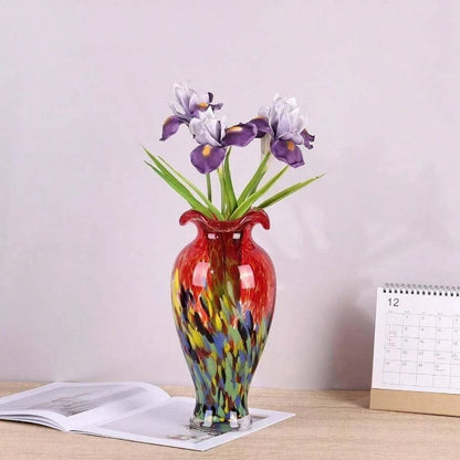12.2H Murano Hand Blown Glass Vase, Ruffled Scalloped Rim