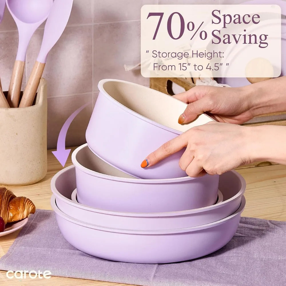 19-Piece Nonstick Cookware Set with Detachable Handles, Space-Saving, Oven & Fridge Safe