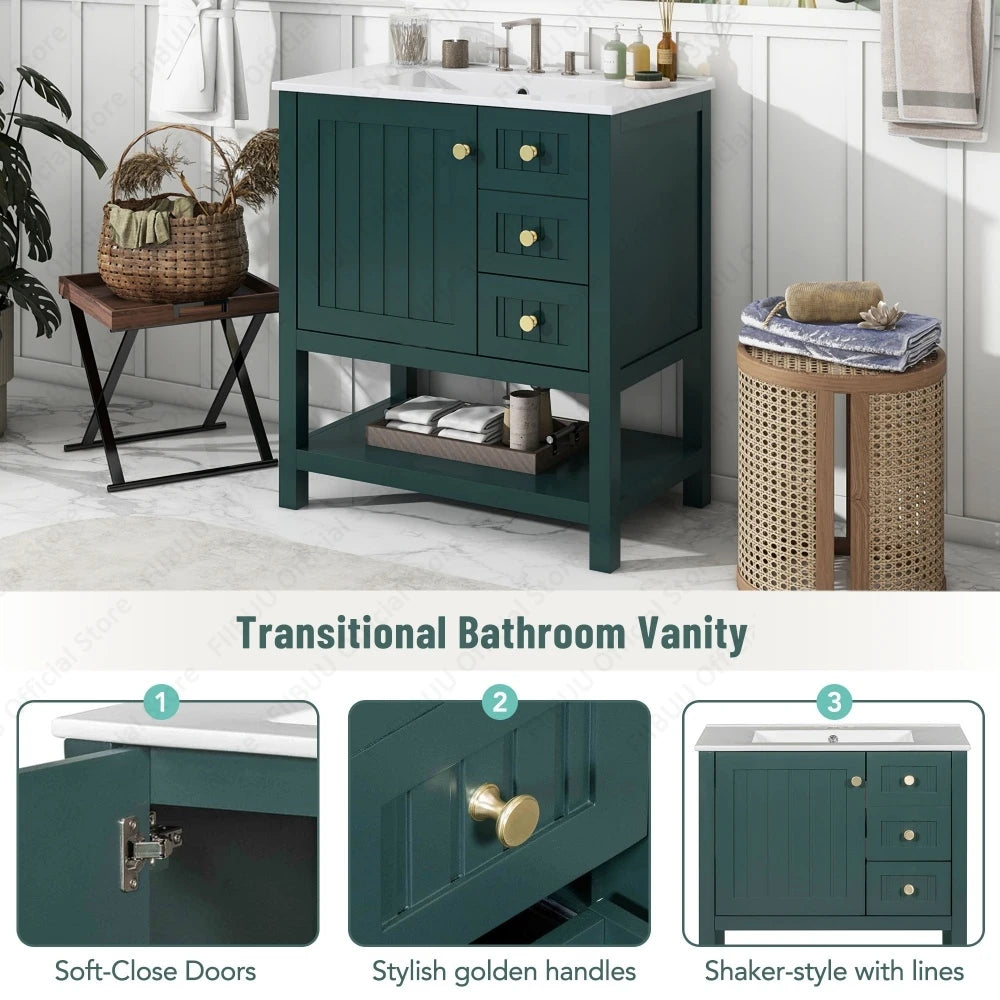 Bathroom Vanity Cabinet Combo, 30 Inch with Ceramic Sink, Soft-Close Doors, Solid Wood Frame, Waterproof for Small Bathroom Storage