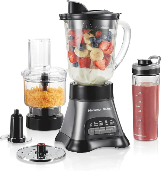 Blender and Food Processor Combo – 40oz Glass Jar, Portable Travel Cup, 3-Cup Electric Food Chopper, 700W – Gray/Black (58163)