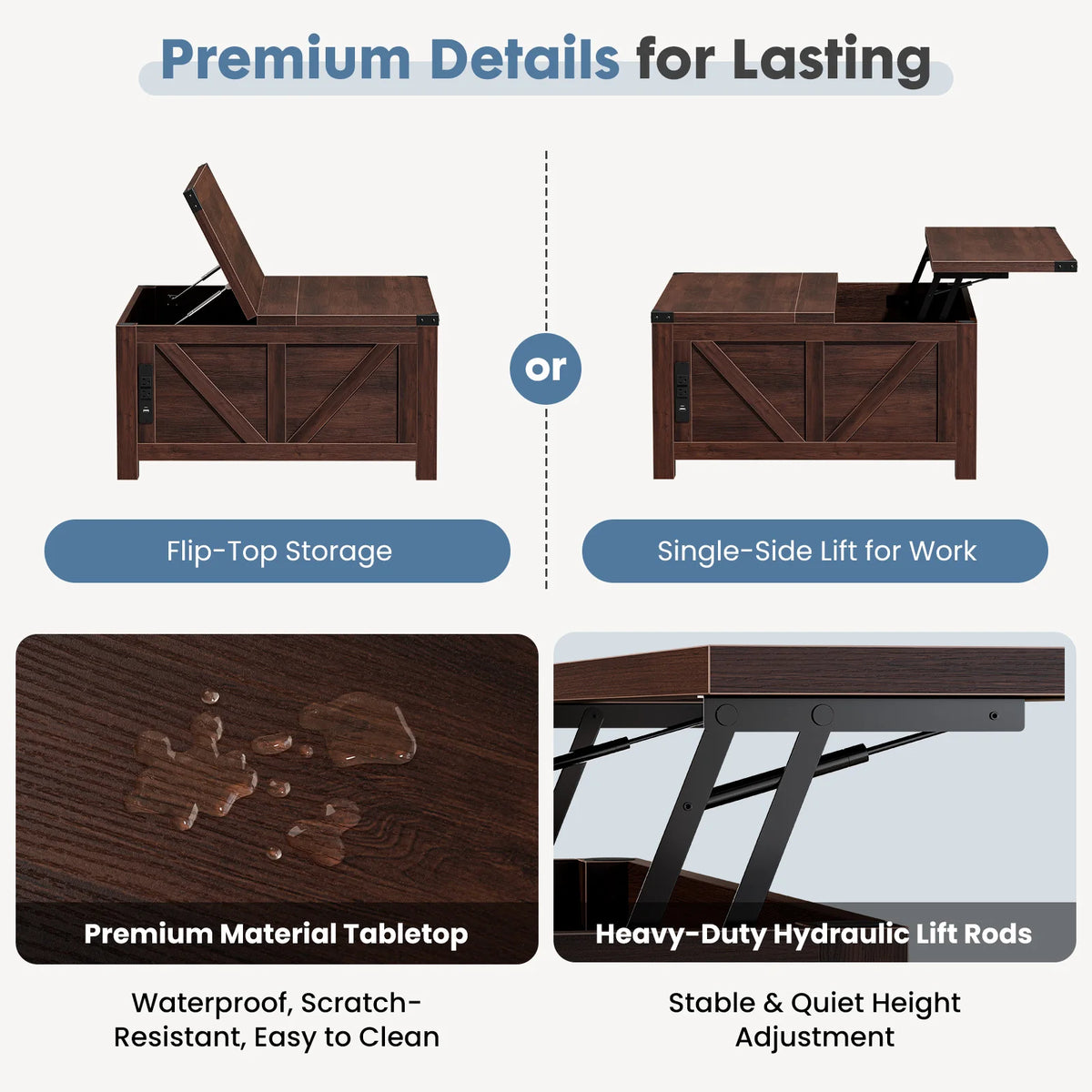 35.6IN Lift Top Coffee Table with Charging Station and Storage Shelf, Easy Lift Or Lower, Square Wood Table, Hidden Storage for Living Room