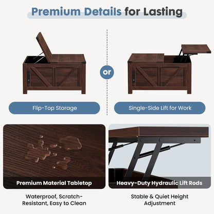 35.6IN Lift Top Coffee Table with Charging Station and Storage Shelf, Easy Lift Or Lower, Square Wood Table, Hidden Storage for Living Room