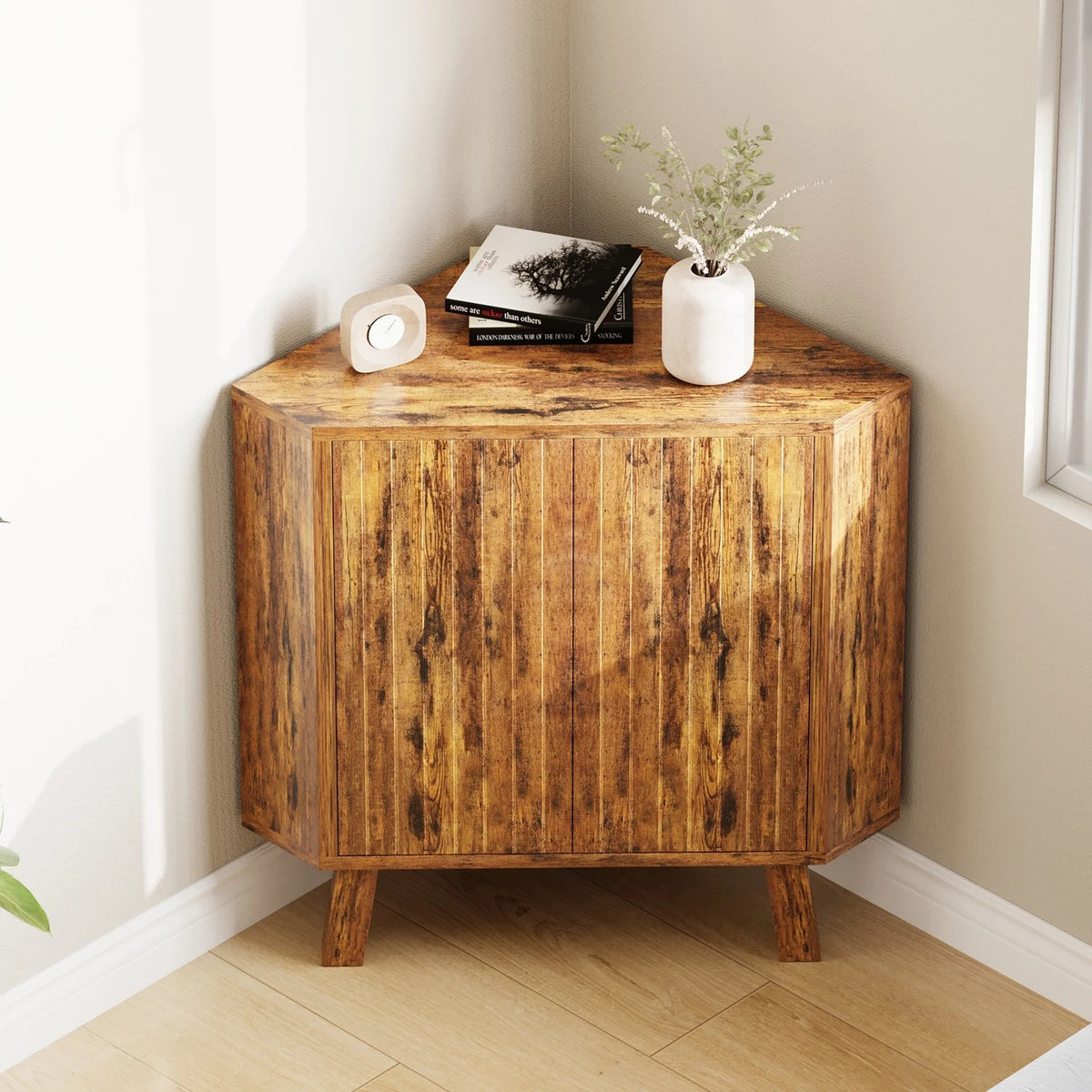 Farmhouse Corner Storage Cabinet with Adjustable Shelf, Industrial Wooden Corner Table
