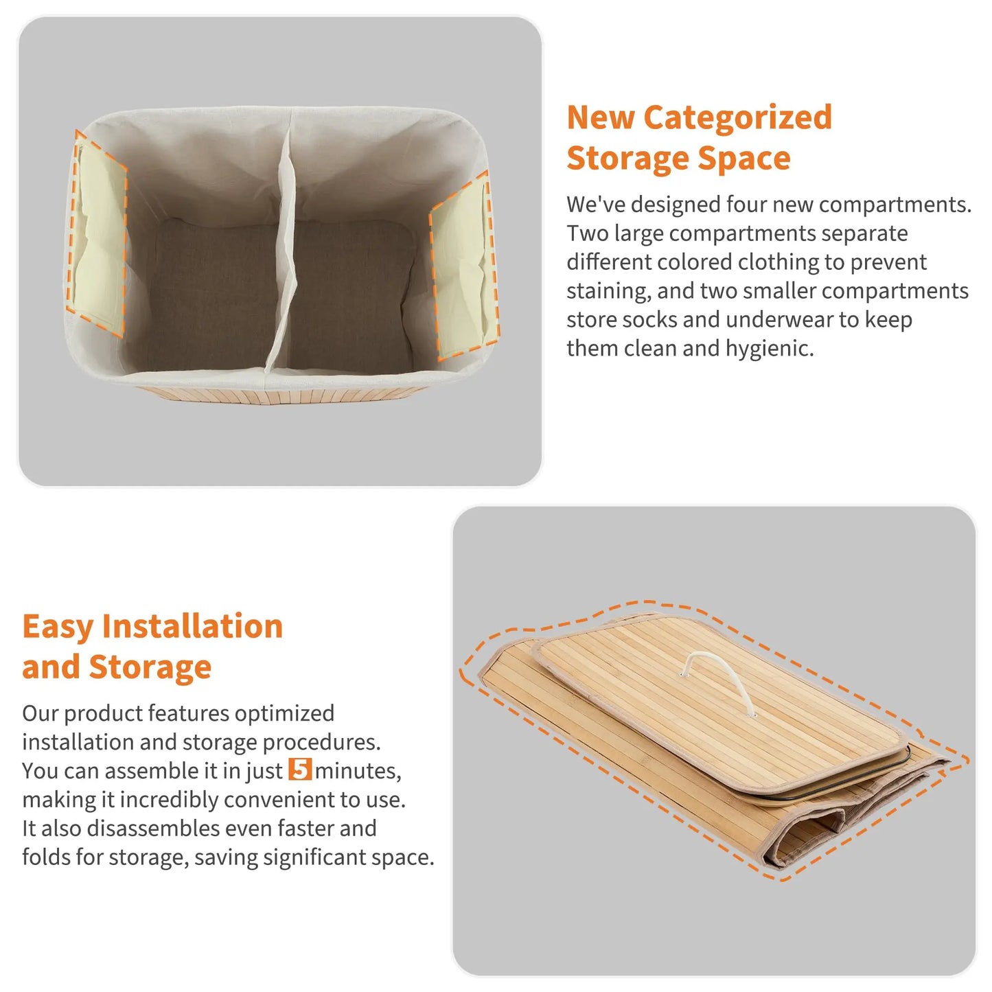 Bamboo Laundry Hamper, Large 106L with Removable 4-Section Liner, Foldable