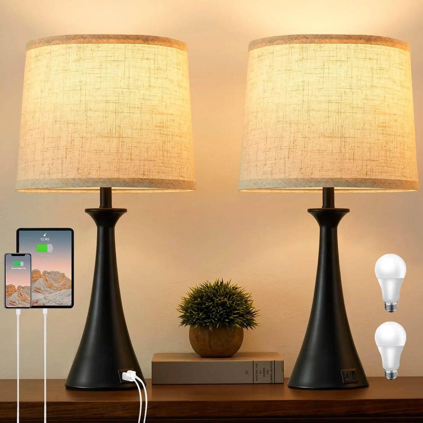 Touch 21" Table Lamps Set of 2 with USB C+A Ports