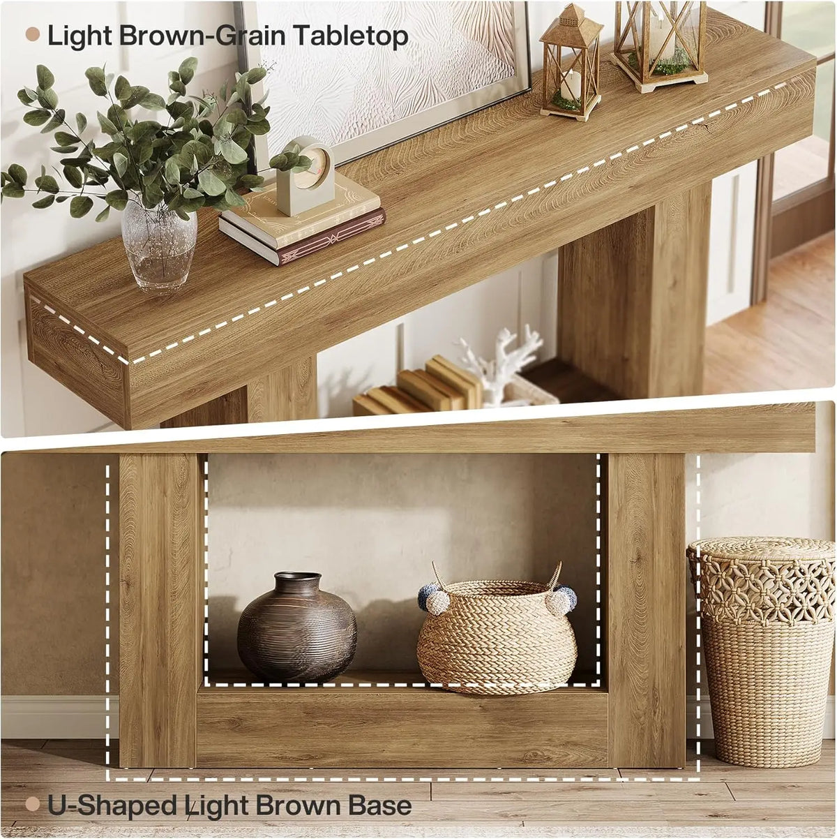 63" Console Table, Farmhouse 2-Tier Entryway Table with U-Shaped Base, Narrow Long Wood Sofa Table, Behind Couch Table